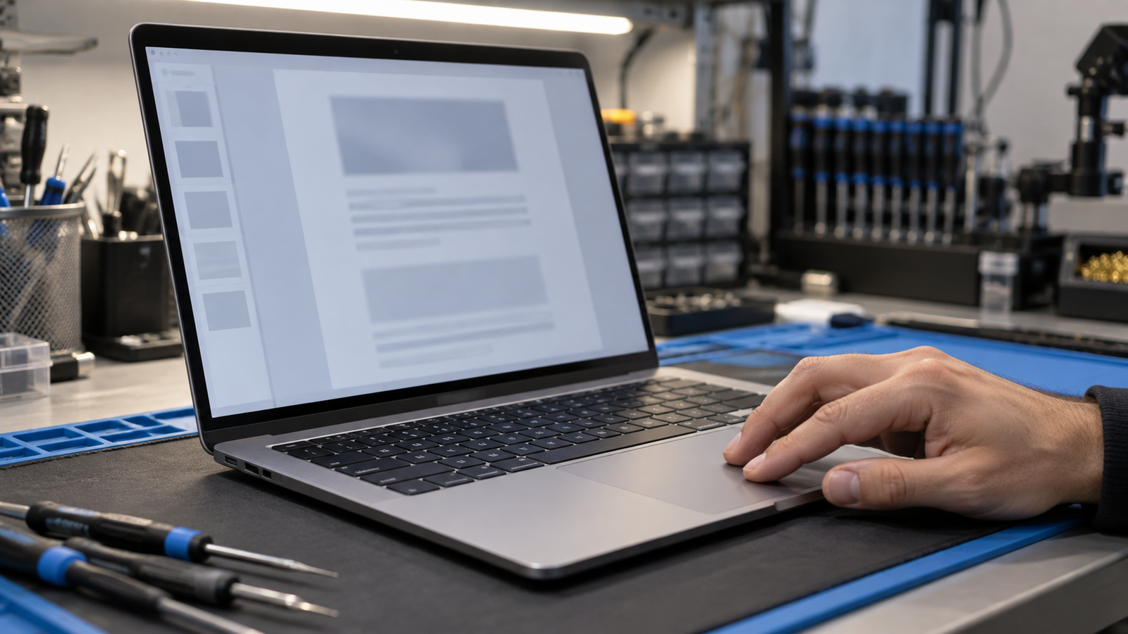Technician testing two-finger scrolling on a laptop touchpad at a repair bench