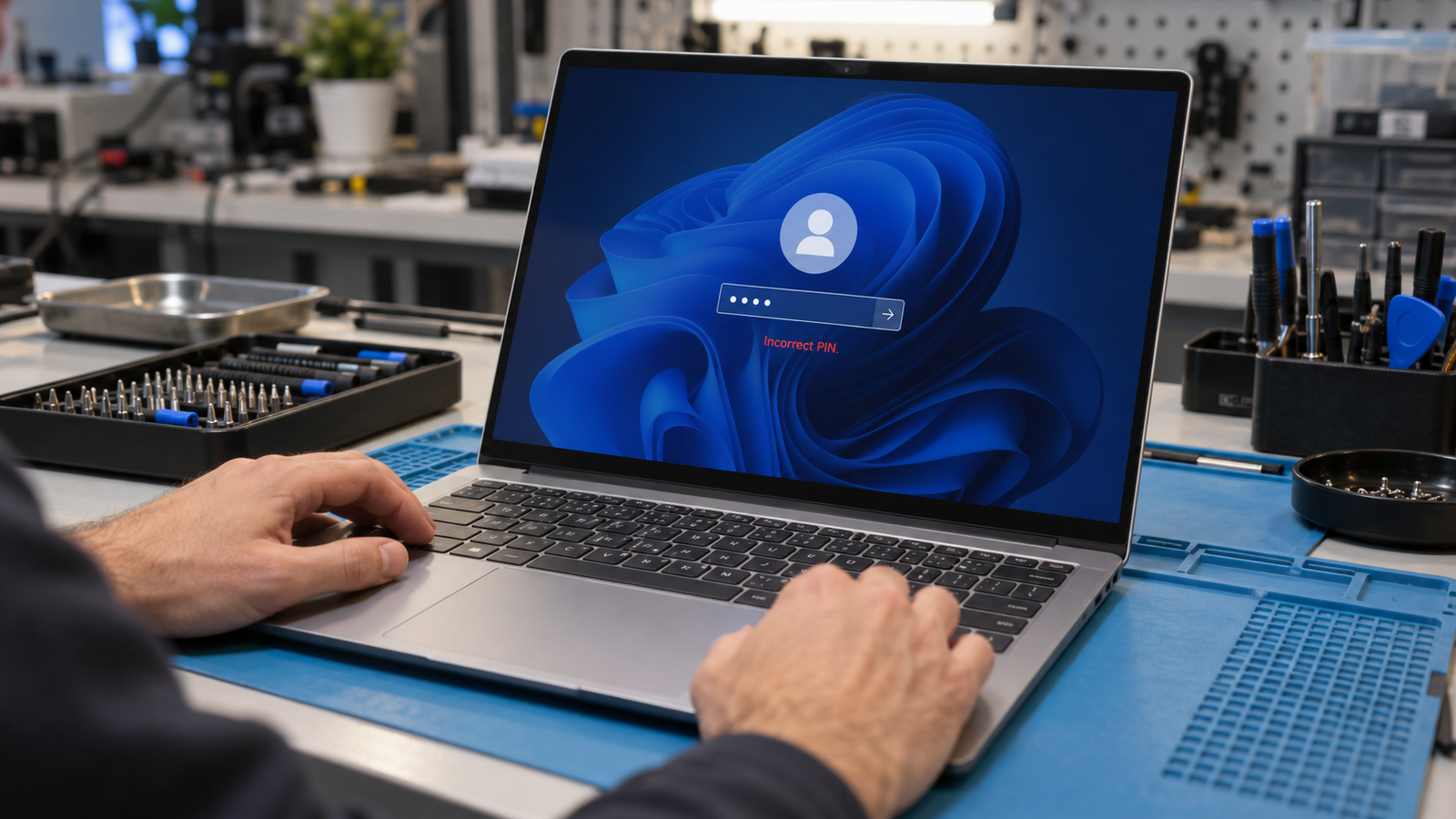 Laptop on a repair bench showing a Windows 11 lock screen with a PIN error