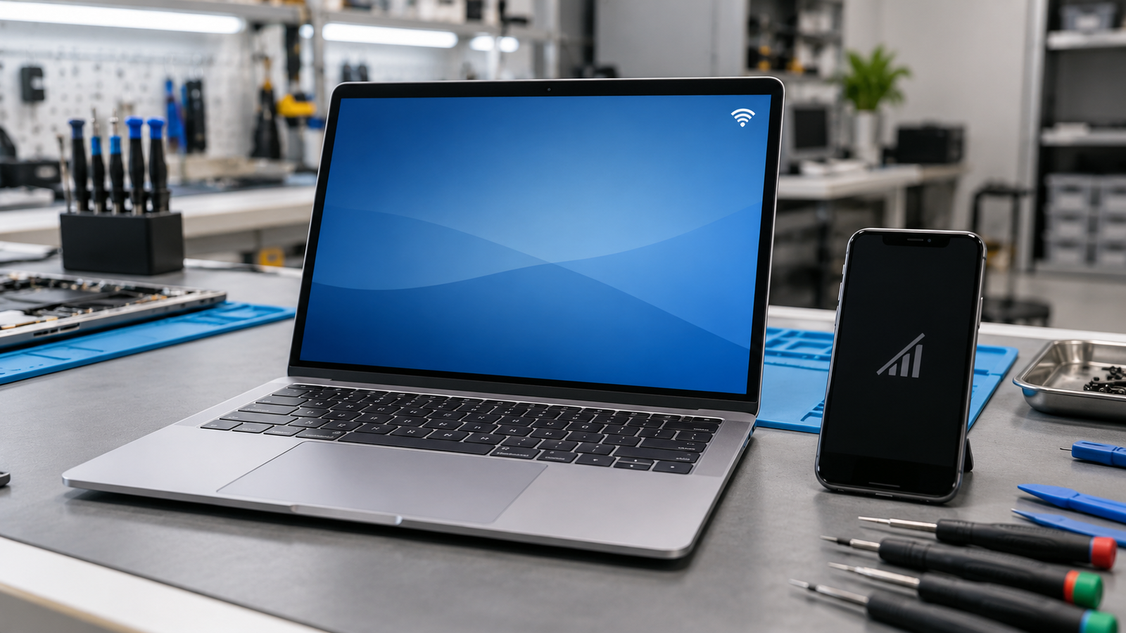 Laptop on a repair bench with a smartphone beside it that cannot connect to the laptop hotspot