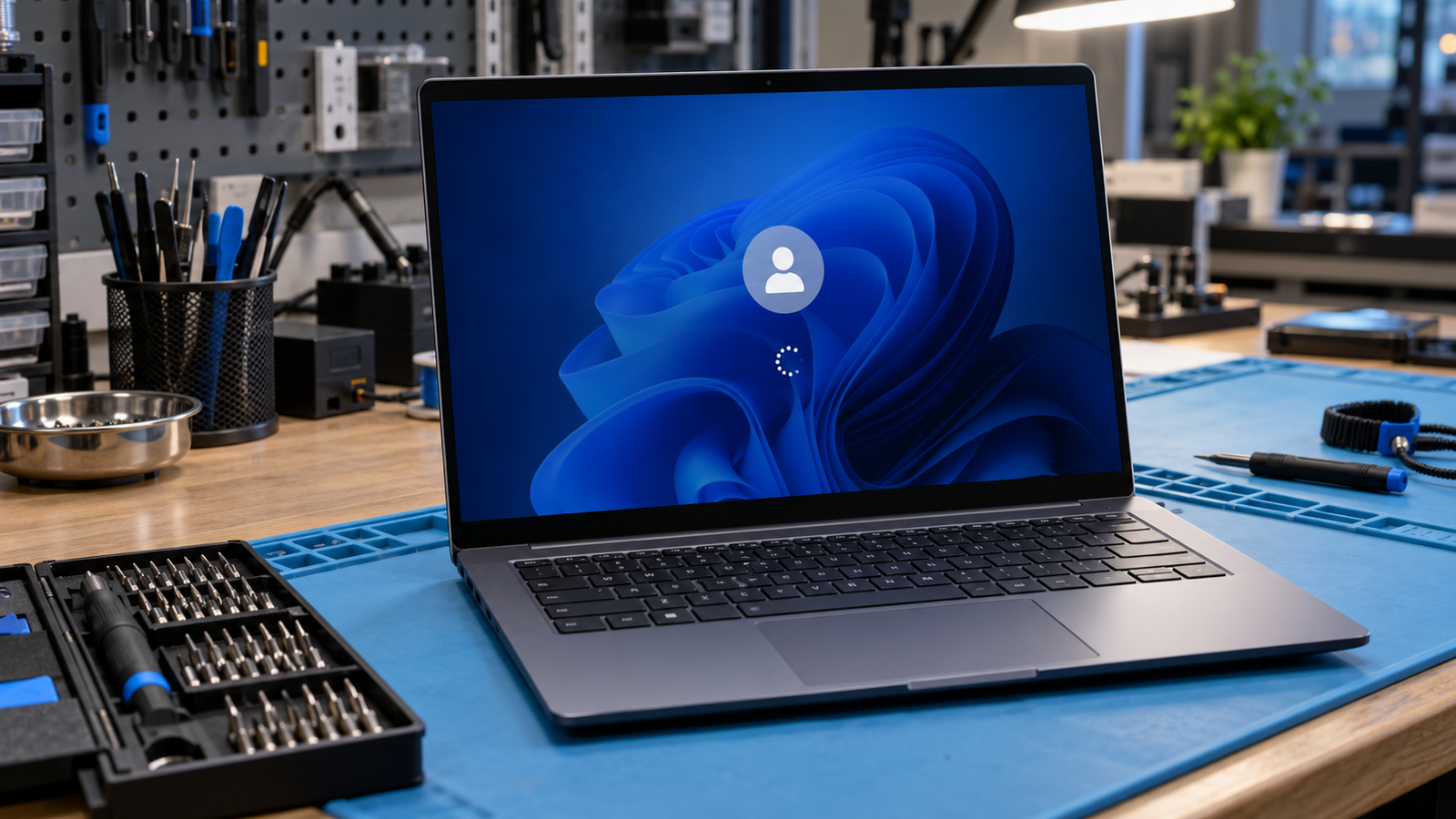 Laptop on a repair bench showing a Windows 11 login screen stuck on a spinning circle
